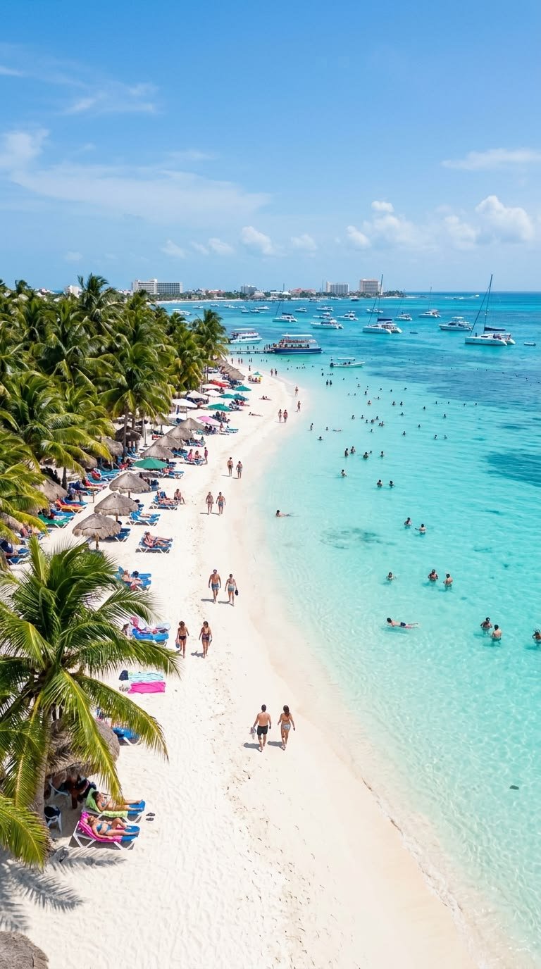Vista aérea de una playa de México con palmeras, camastros y mar turquesa